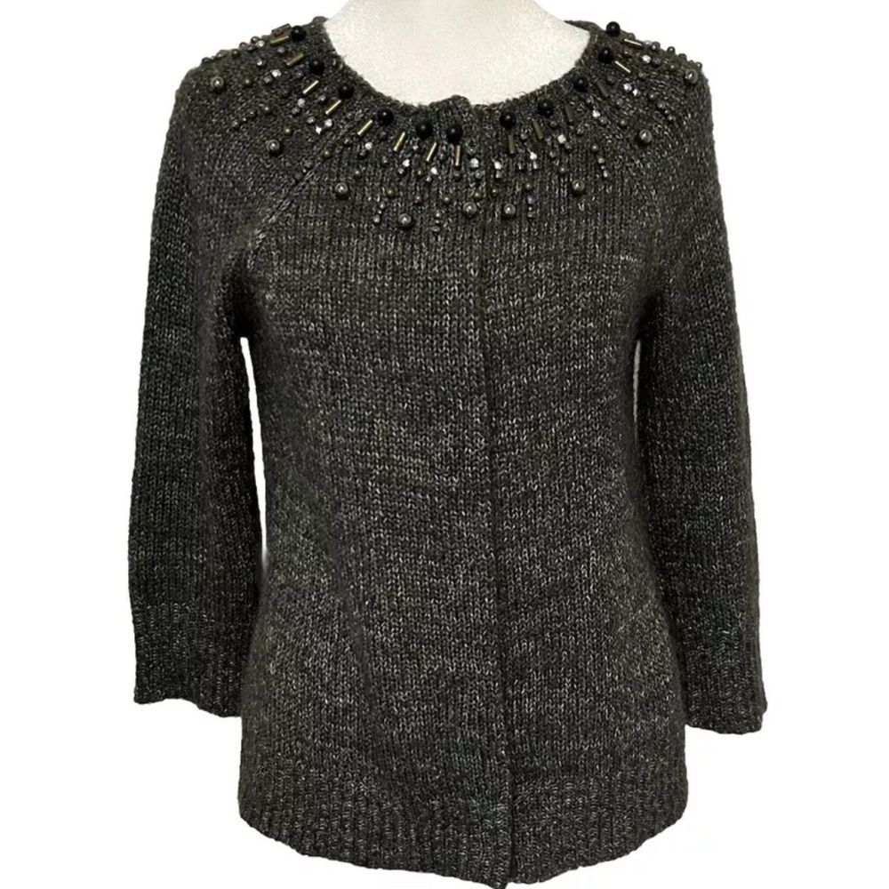 Coldwater Creek Charcoal Gray Beaded Cardigan 3/4 sleeve Size XS